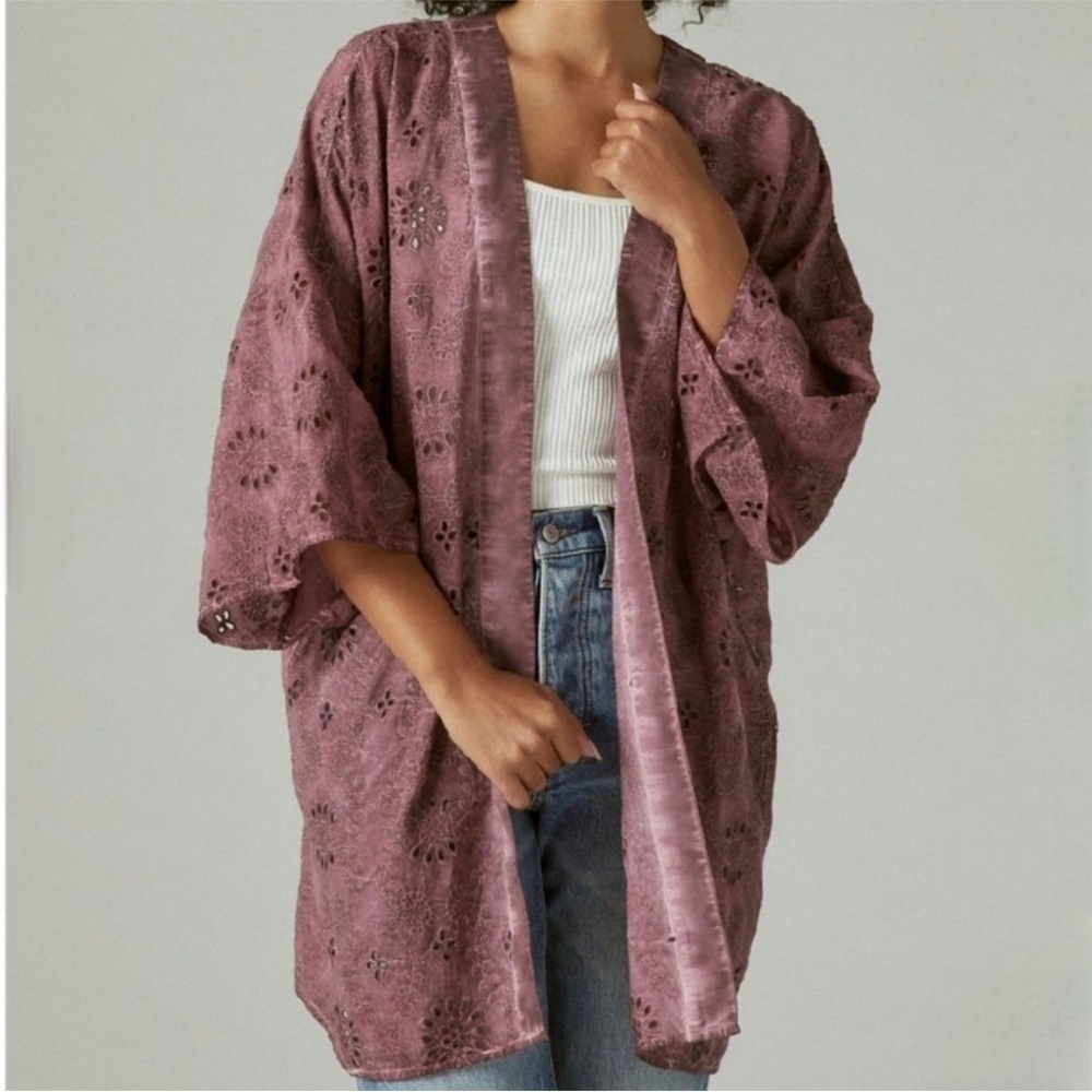 Lucky Brand Eyelet Kimono Renaissance Rose Pink Open Women One Size 7WK4023 - Picture 1 of 4